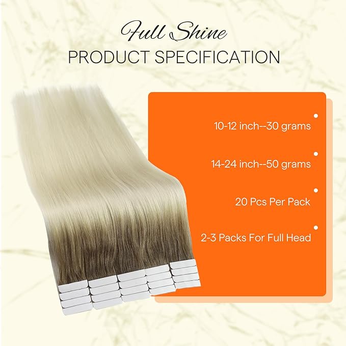 Full Shine Tape in Extensions Human Hair Balayage Color 8 Ash Brown Fading to 60 Blonde 16 Inch Invisible Seamless Skin Weft Remy Tape in Hair Extensions for Party 20 PCS Straight Natural 50 Grams