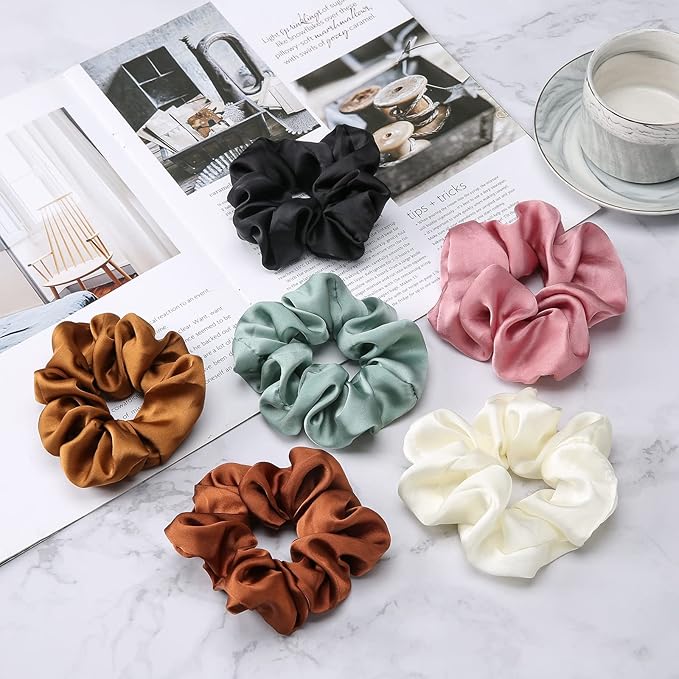 Lolalet Scrunchies for Women, Satin Hair Softer Than Silk Ties Sleep, Big Scrunchy Ponytail Holder with Elastic Bands Girls Thick Thin Curly -6 Pack, Style B
