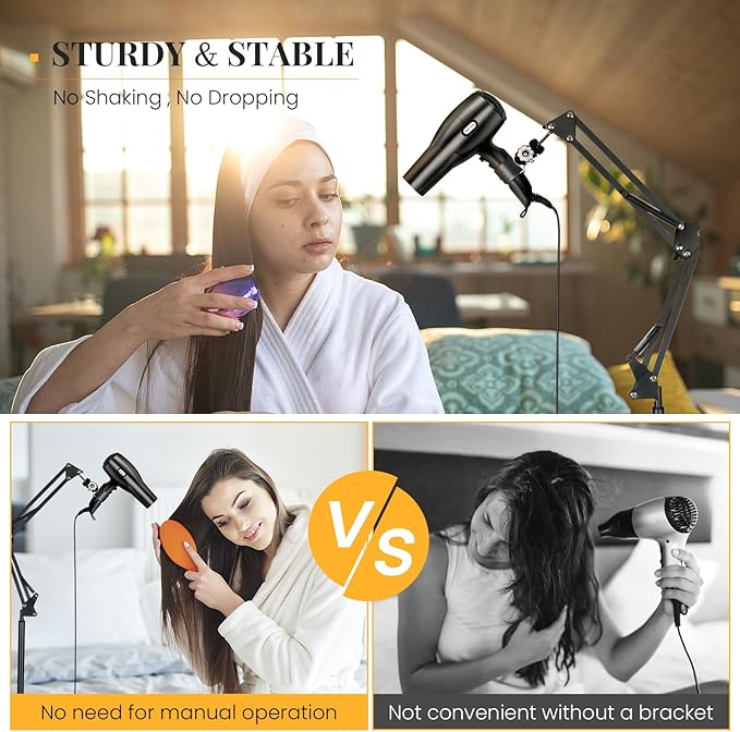 INNOLIFE Hands Free Hair Dryer Stand - Adjustable Height, 360° Rotating with Heavy Base for Hands-Free Drying