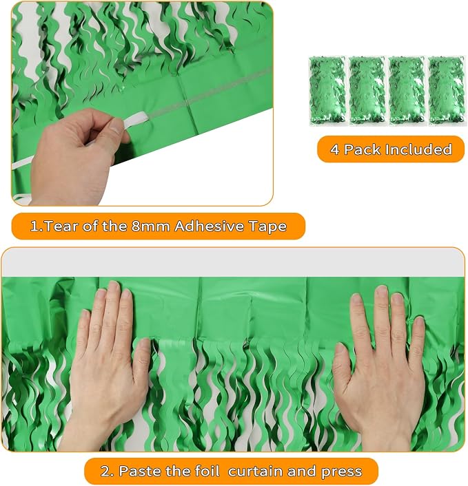 4Pcs Wavy Green Fringe Backdrop -3.3x6.6ft Green Streamer Foil Curtains - Image 3