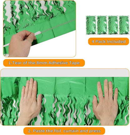 4Pcs Wavy Green Fringe Backdrop -3.3x6.6ft Green Streamer Foil Curtains - Image 3