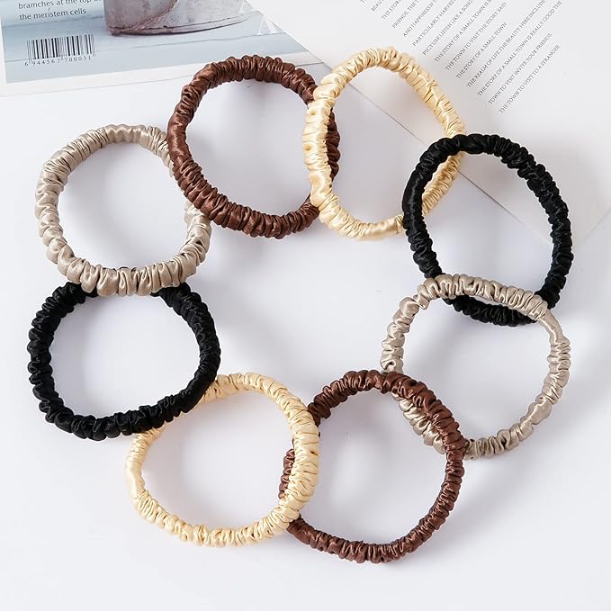 8 Set 100% Pure Mulberry Silk Hair-Friendly + Luxurious Elastic Skinny Scrunchies Travel Pouch Everyday Hair Ties Elastics Hair Care Ponytail Holder No Damage