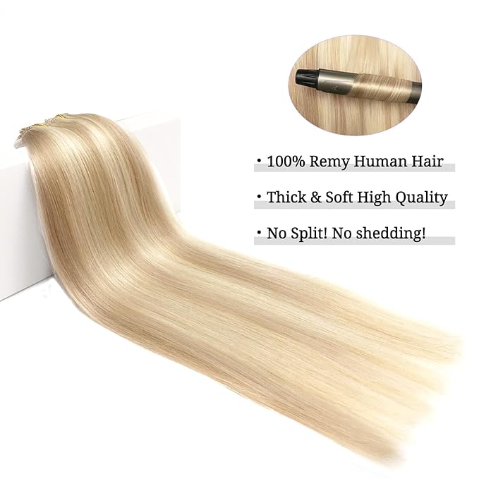 DOORES Hair Extensions Clip in Human Hair, Balayage Dark Blonde Highlighted Bleach Blonde 100g 7pcs 14 Inch, Remy Straight Weft Real Natural Hair Extensions