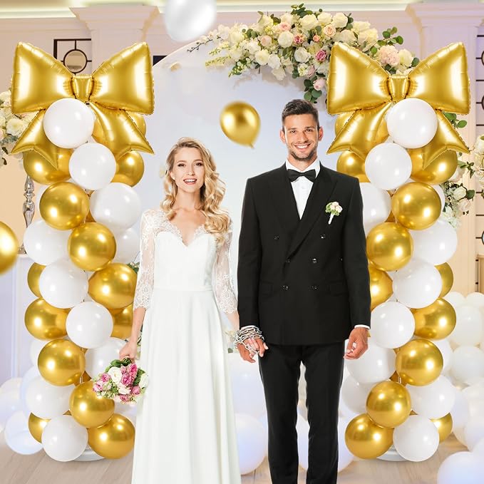 2 Sets Gold White Bow Balloon Column Stand Kit Includes 2 Bows & 100 Latex - Image 5
