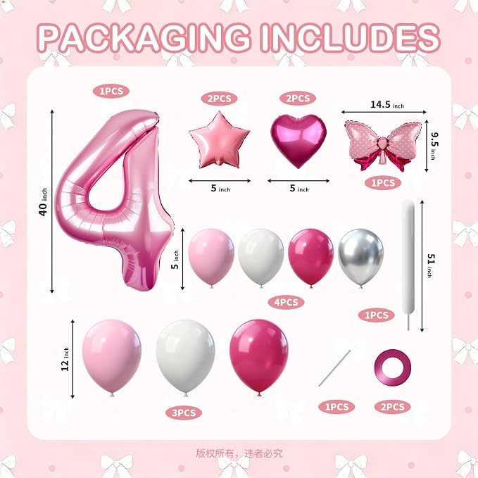 40 Inch Pink Number 4 Balloon Tower Set, Pastel Number Four Foil Balloon - Image 2