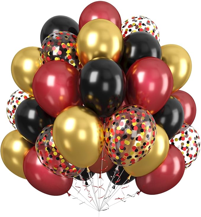 Paready Red Black and Gold Balloons Set, 12 Inch Metallic Chrome Confetti by Paready