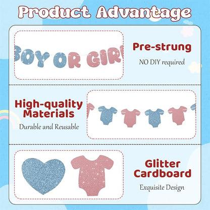 Glitter Pink and Blue Gender Reveal Decorations, Pre-Strung Boy or Girl Banner - Image 3
