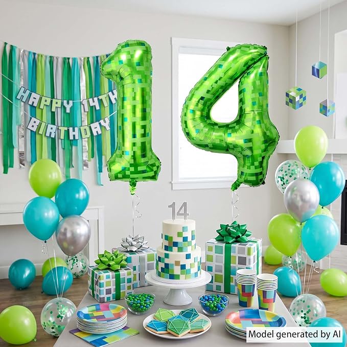 40 Inch Lime Green Pixel Number 14 Balloon, 14th Gaming Birthday Decor | Giant - Image 7