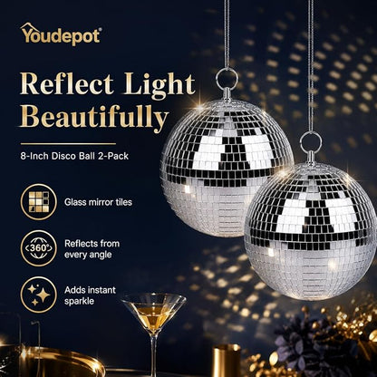 Youdepot 8-Inch Silver Disco Ball 2-Pack Mirror Ball | Hanging Mirror Ball - Image 6