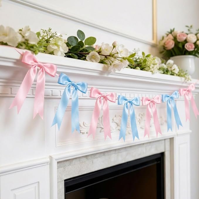 2 Strings Baby Pink & Blue Bow Garland Banner Decorations - Image 3