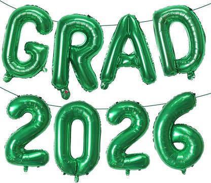 Green GRAD 2026 Banner Balloons, 16 Inch Mylar Foil letter Graduation Balloons by KALOR