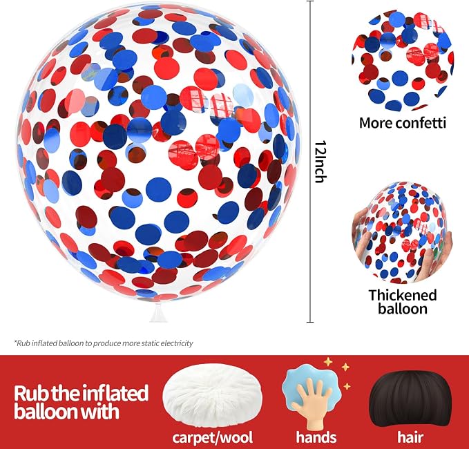 VHUWE Red Blue Confetti Balloons 25 Pcs, 12 Inch Thickened Clear Latex Balloon - Image 2