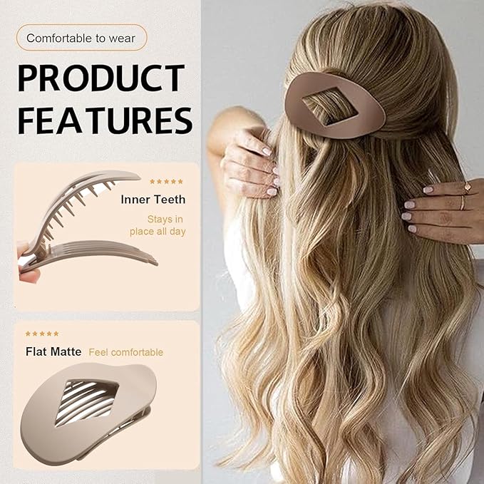 5 PCS Flat Hair Clips, No Crease Flat Claw Clips for Women, Large Strong Hold Barrettes for Thick Thin Hair, French Duckbill Styling Accessories(Neutral Matte)