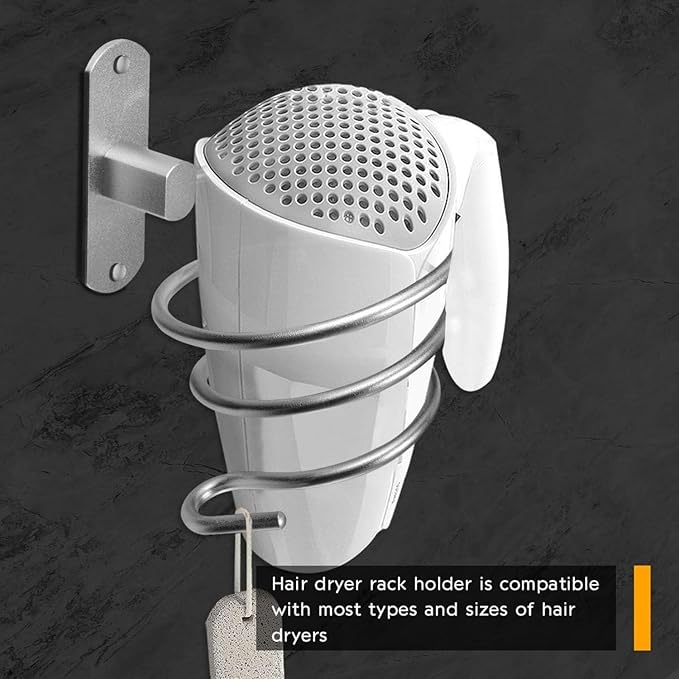 Stainless Steel Wall Mounted Hair Dryer Holder, Spiral Shelf - Self-Adhesive, Silver