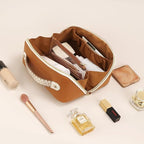 Prite Makeup Bag for Women Travel Waterproof Vegan Leather Cosmetic Bag Open Flat Toiletry Bag With Clear Divider and Handle (Brown)
