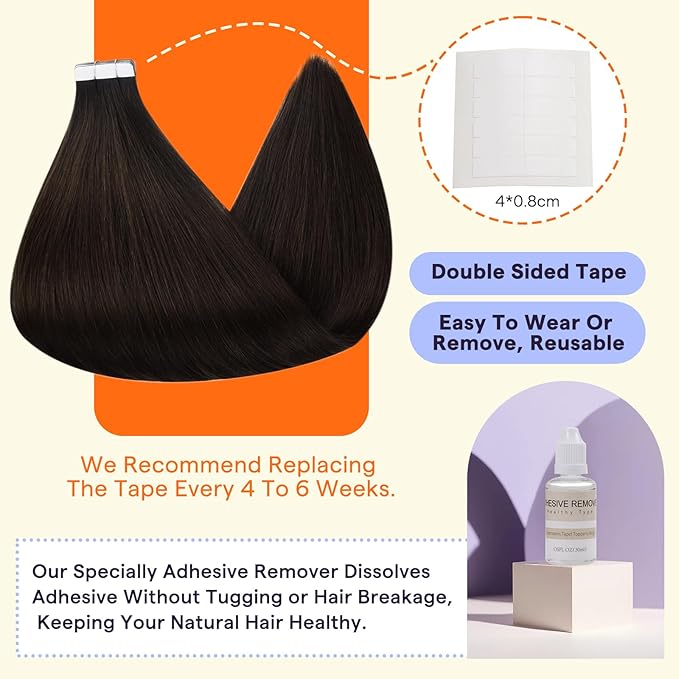Full Shine Tape in Hair Extensions Human Hair Color 2 Dark Brown Invisible Double Sided Remy Tape Ins Human Hair Extensions 16 Inch Straight Seamless Skin Weft 20PCS 50g for Party