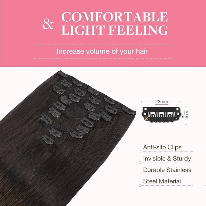 GOO GOO Clip in Hair Extensions Real Human Hair, Remy Human Hair Extensions Clip ins for Women, Natural Human Hair, 20inch 150g 9Pcs, 2 Dark Brown