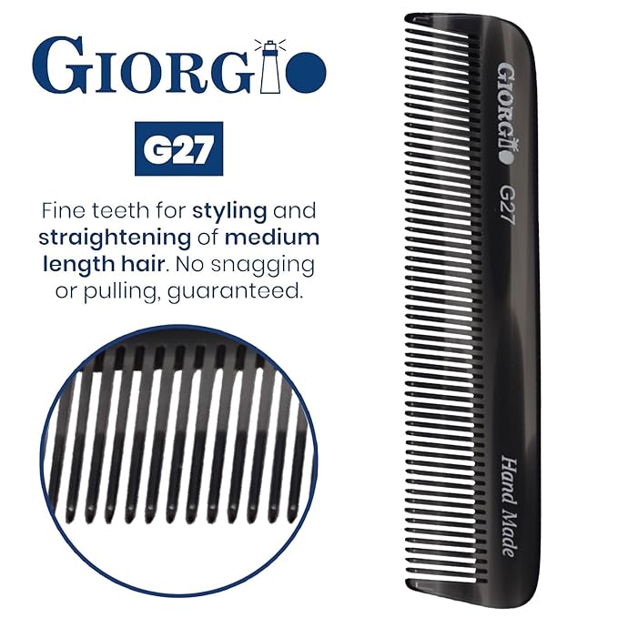 Giorgio G27 Handmade All Fine Tooth Pocket Comb, Hair Comb Straightener for Everyday Grooming Styling Hair, Mustache and Beard for Men Women and Kids, Saw Cut and Polished (Black Graphite)