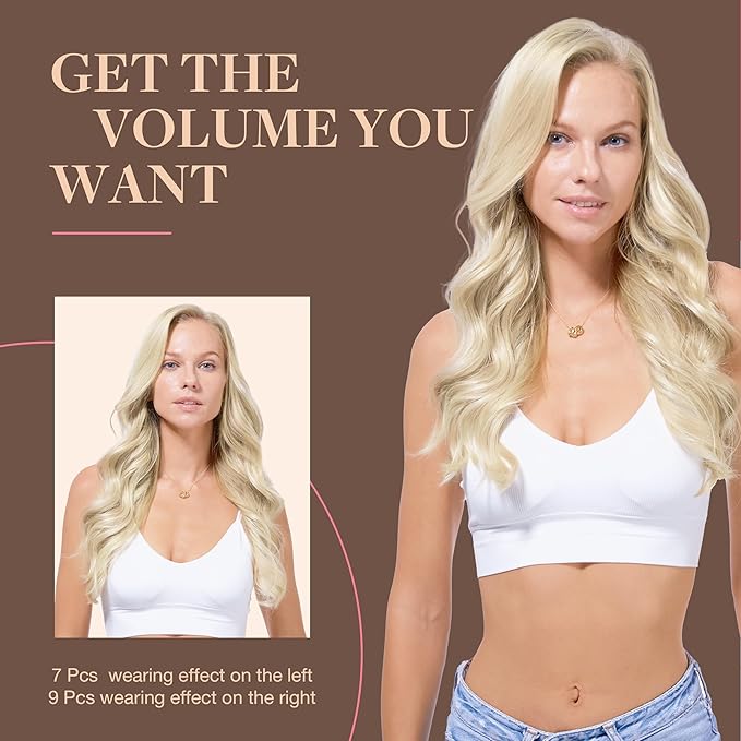 GOO GOO Clip in Hair Extensions Real Human Hair, Remy Human Hair Extensions Clip ins for Women, Natural Human Hair, 22inch 150g 9Pcs, 17A/60A Ash Blonde Highlighted Platinum Blonde