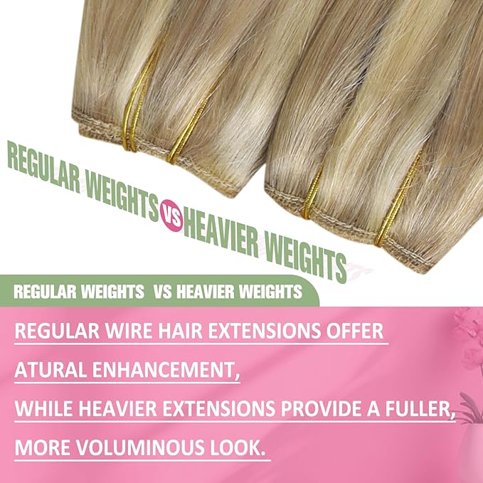 YoungSee Wire Hair Extensions Highlight Human Hair Wire Extensions Blonde Highlights Headband Hair Extensions Real Human Hair Golden Blonde with Light Blond Short Straight Hair 12Inch 70G