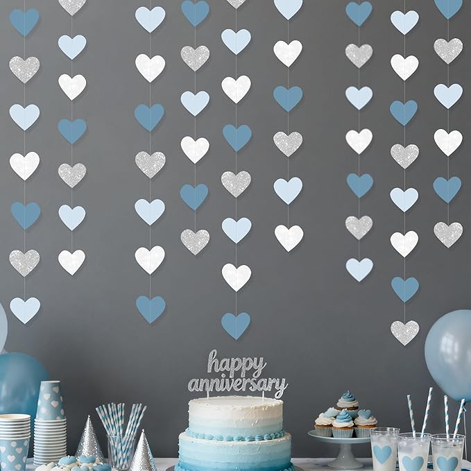 Silver Blue White Heart Party Decorations Dusty Blue Glitter Paper Silver White - Image 5
