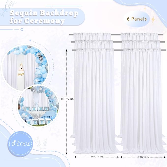White Sequin Curtains Backdrop 6 Pcs 2FTx8FT Shiny Shimmer Fabric | Glitter - Image 5