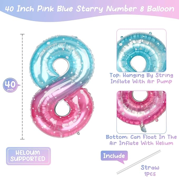 40 Inch Pink Blue Number 8 Balloon, Large Gradient Foil 8 Balloon - Image 4