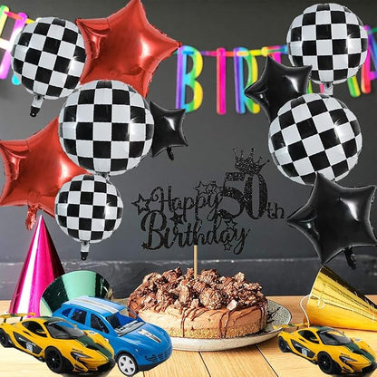 TONIFUL 18Pcs Checkered Round Foil Balloons Race Car Themed Party Decor | 18 - Image 3