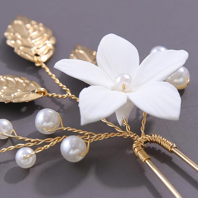 Handmade Pearl Bridal Wedding Hair Pins 9Pcs White Flower Gold Leaf Pearls Clips Bridal Hair Accessories for Women Brides Bridesmaid