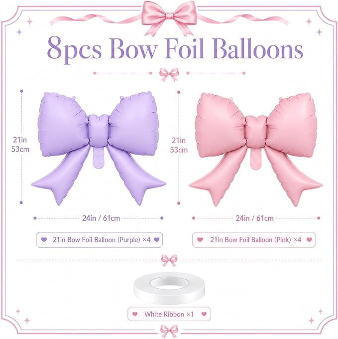 8Pcs Pink Purple Bow Foil Balloons, 21Inch Pink and Purple Bow Shaped Balloons - Image 2