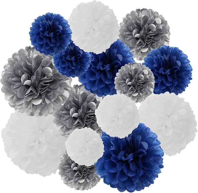 Navy-Blue White Silver Tissue Pom-Poms - Image 6