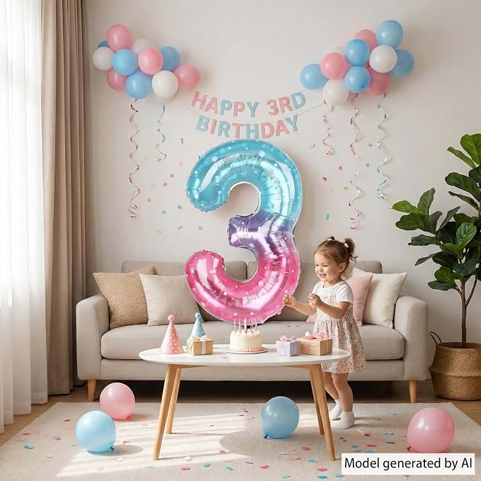 40 Inch Pink Blue Number 3 Balloon, Large Gradient Pink Blue Mylar Foil Number - Image 6
