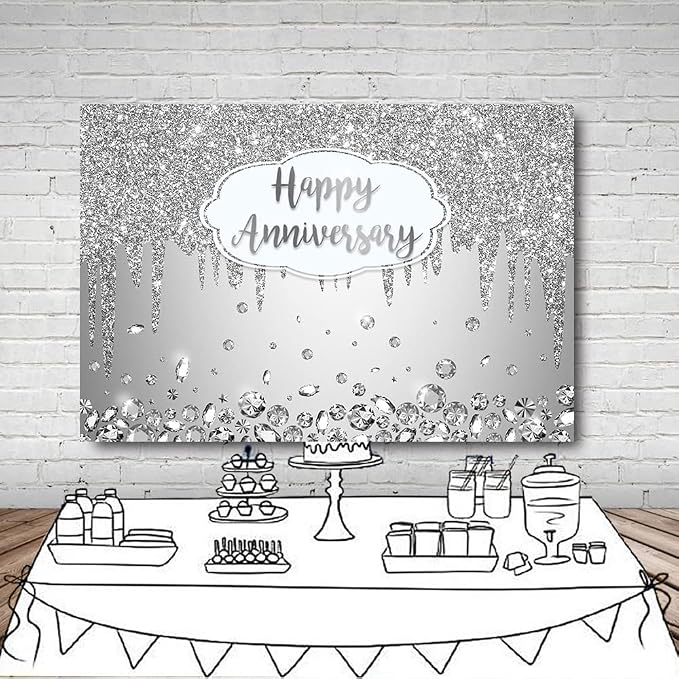 AIBIIN 8x6ft Happy Anniversary Backdrop Silver Dripping Glitter Crystals - Image 5