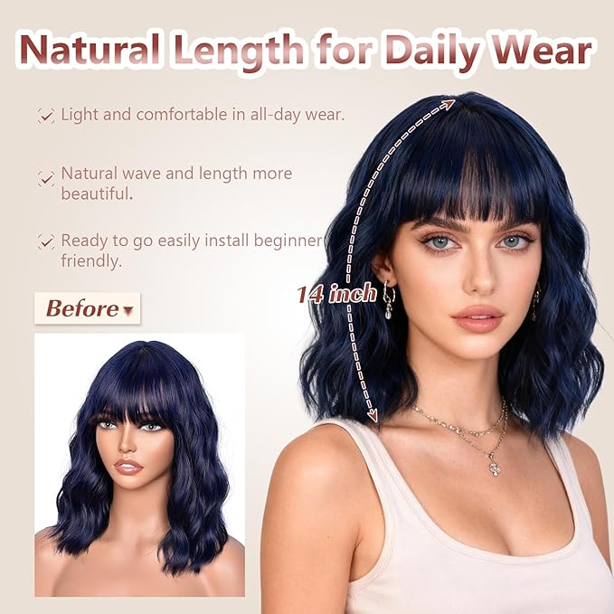 Dark Blue Bob Wig With Bangs Wave Wigs for Women 14 Inch Short Loose Wavy Heat Resistant Synthetic Wig Shoulder Length Hair for Daily and Cospaly Party Use