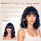 Dark Blue Bob Wig With Bangs Wave Wigs for Women 14 Inch Short Loose Wavy Heat Resistant Synthetic Wig Shoulder Length Hair for Daily and Cospaly Party Use