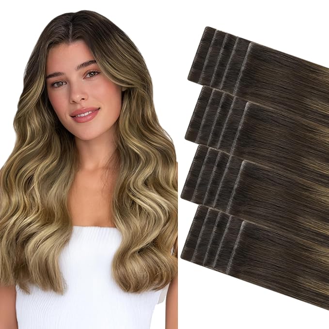 GOO GOO Invisi Edge Tape in Hair Extensions Human Hair, 2/6/18 Balayage Brown to Dirty Blonde, 20pcs 16inch 50g, Virgin Remy Hair, Seamless Injected Tape, Natural Look