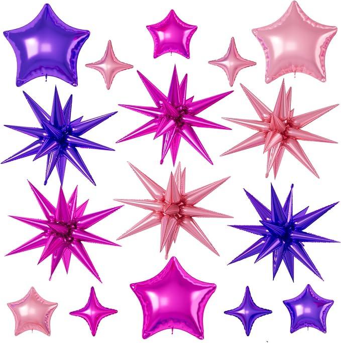 Hot Pink Purple Star Balloons, 22/18/10 Inch Foil Balloons, Four-Pointed Balloon by Sowide