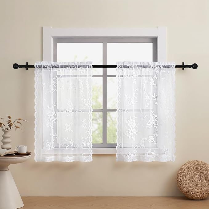 White Lace Cafe Curtains 24 Inch Length 2 Panels Set by SEEKRIGHTHomeDecor