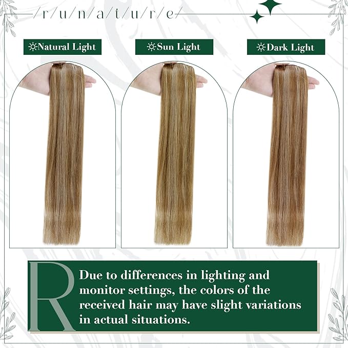 RUNATURE Human Hair Clip in Extensions, Real Hair Extensions Clip Ins, Straight Clip in Hair Extensions, Add Hair Volume, Full Ends, 12 Inch 50g 3pcs #10P16 Caramel Blonde Highlights