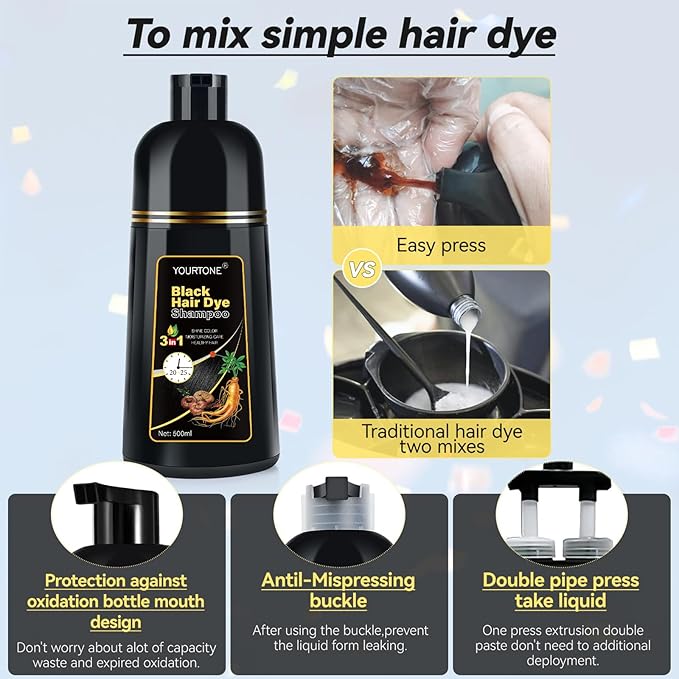 Black Hair Dye Shampoo Instant & Easy 3-in-1 Hair Color Solution for Men and Women - Herbal Formula, Ammonia-free, Lasts 30 Days - 16.90 oz