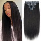 Seamless PU Yaki Straight Clip in Hair Extensions Real Human Hair For Women Invisible Yaki Straight Clip ins (24inch,#1B)