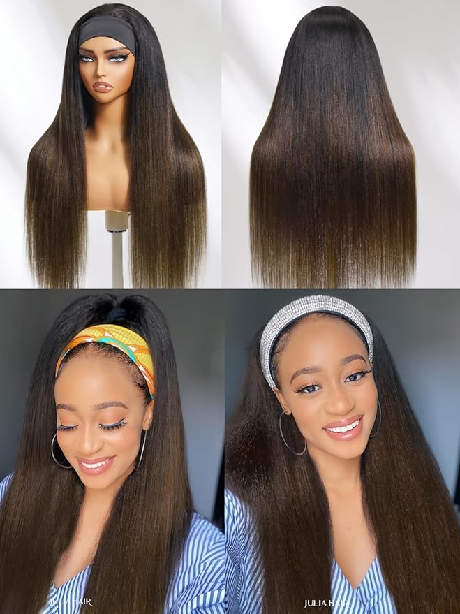 Julia Hair 12A Headband Wig Human Hair Yaki Straight Glueless None Lace Half Wig With Pre-attached Scarf Ombre Chestnut Brown Highlight With Dark Roots for Black Women Put on and Go 24 Inch