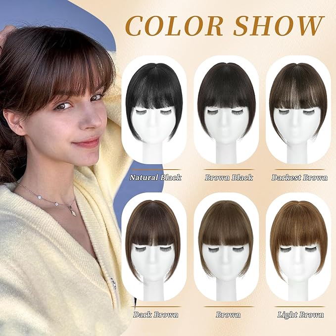 NAYOO Hair Toppers for Women Real Human Hair, 360° Cover Clips in Full Fringe Fake Bangs Hair Pieces for Women Girls Daily Wear(Brown Black)