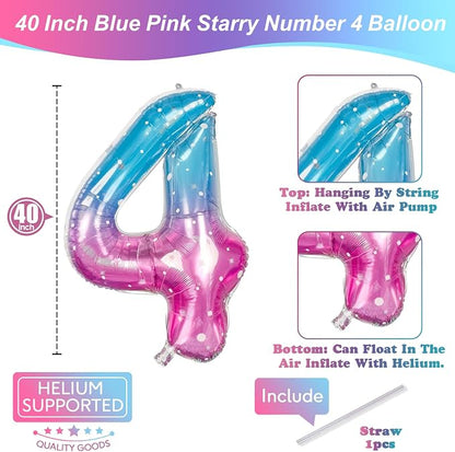 Purple Teal Number 4 Balloons, 40 In Large Mermaid Starry Number 4 Mylar Foil - Image 2