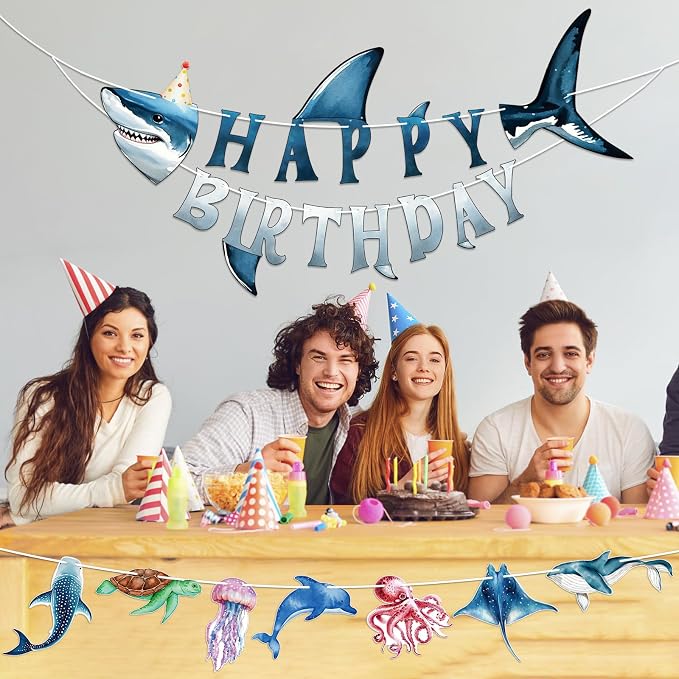 Shark Happy Birthday Banner Shark Garland Ocean Animals Party Decorations - Image 7