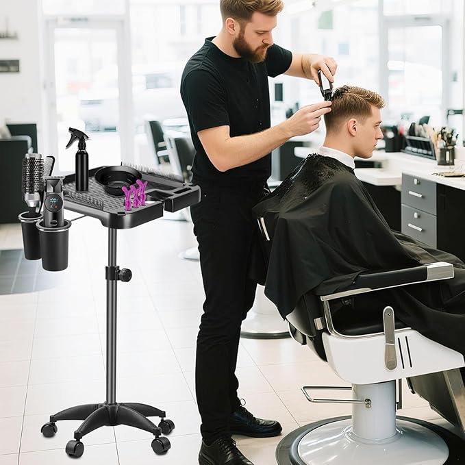 Salon Rolling Tray, Height Adjustable Tattoo Tray Rolling Cart, Storage Utility Trolley for Spa, Beauty Salon Service, Hairdresser Cart with Wheels, Black (Upgrade Black-Tray)
