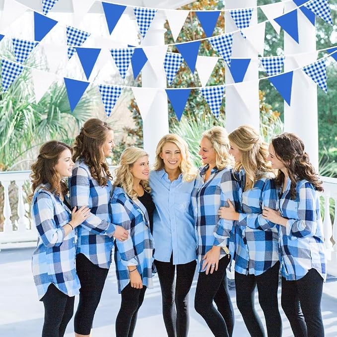 32Ft Deep Blue Party Decorations Blue Buffalo Plaid Checkered White Triangle - Image 5
