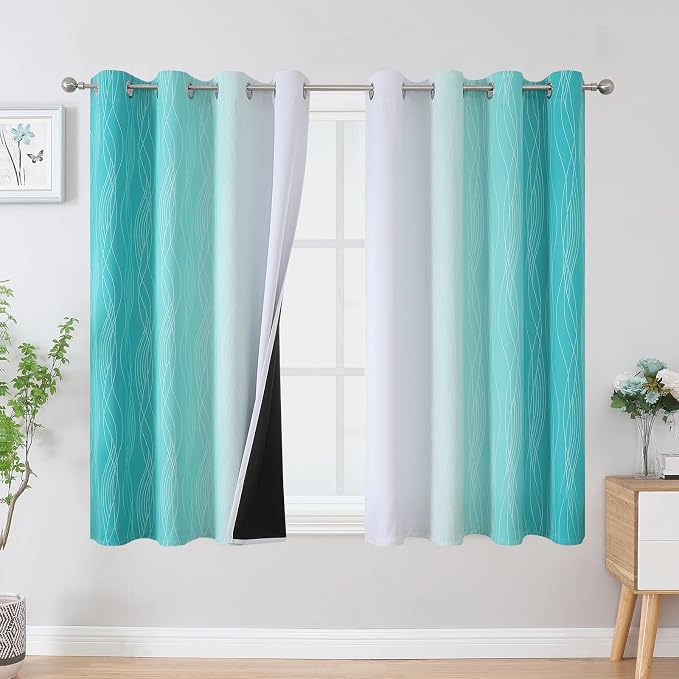 Teal and Greyish White Blackout Curtains 54 Inch Length, Light Blocking by ESTELARTEXTILER