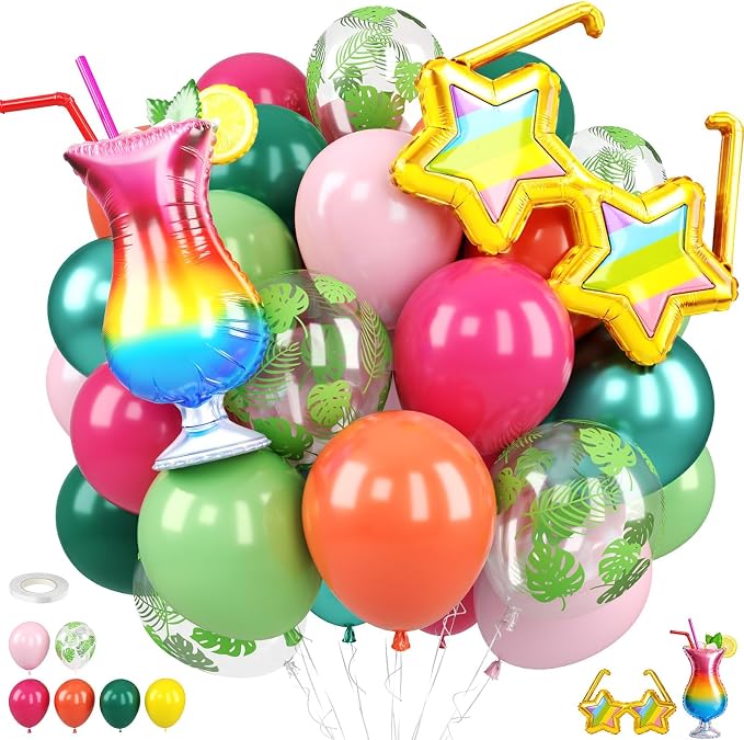 Tropical Balloons, 12 Inch Green Pink Orange Hot Pink Metallic Green Balloons by FunHot