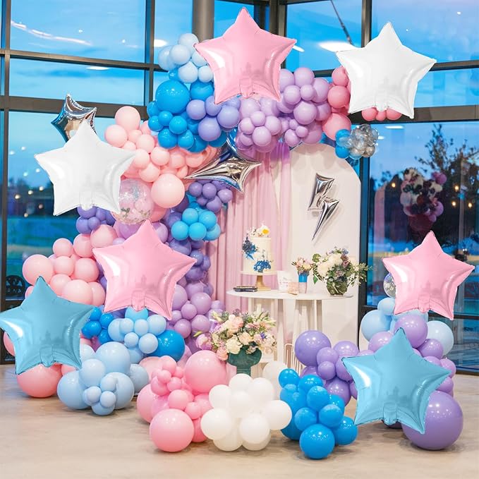 Pink Blue White Star Foil Balloons, 18 Inch Metallic Light Pink Blue Stars - Image 4